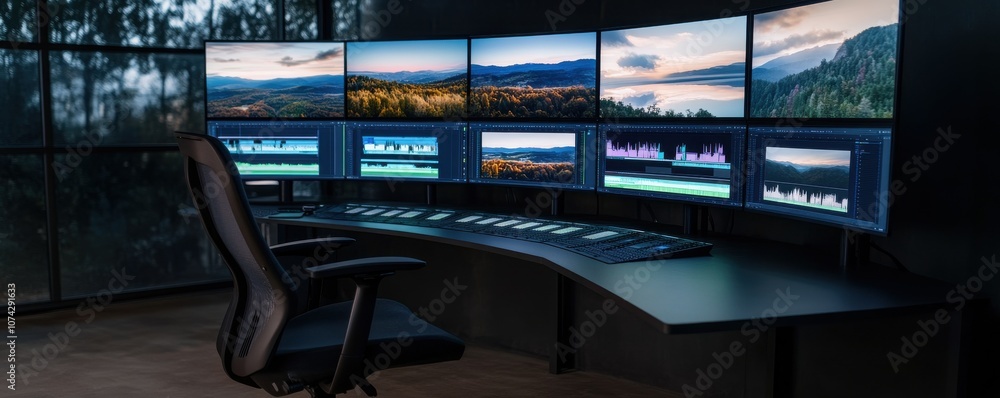 Poster modern workstation with multiple screens for video editing.