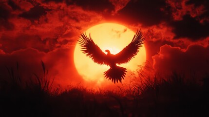 A silhouette of an eagle flying against a red sunset with tall grass in the foreground.