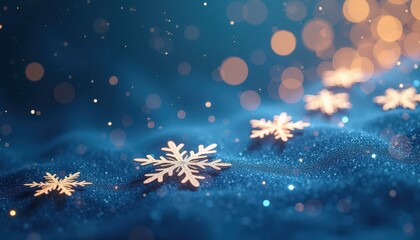 Fototapeta premium Shimmering abstract snowflakes glowing against a deep blue holiday-themed backdrop