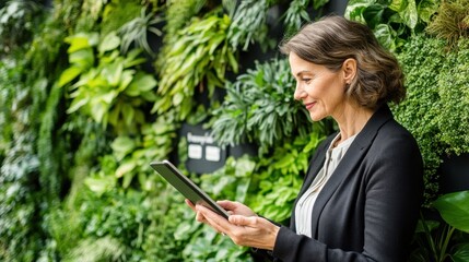 Fototapeta premium A woman reading on a tablet in front of a green wall of plants.