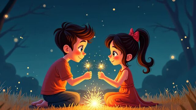 couple is playing with fireworks in cartoon style
