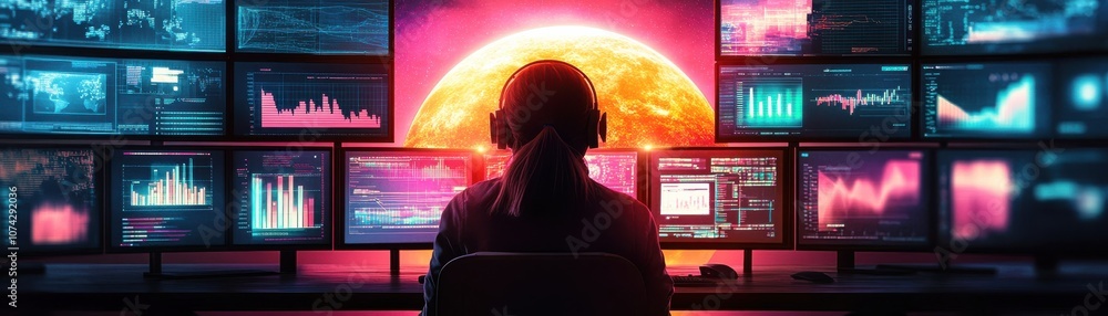 Poster person analyzes data with multiple screens and a sunset backdrop.
