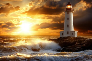Obraz premium Majestic lighthouse on a rocky cliff at sunset