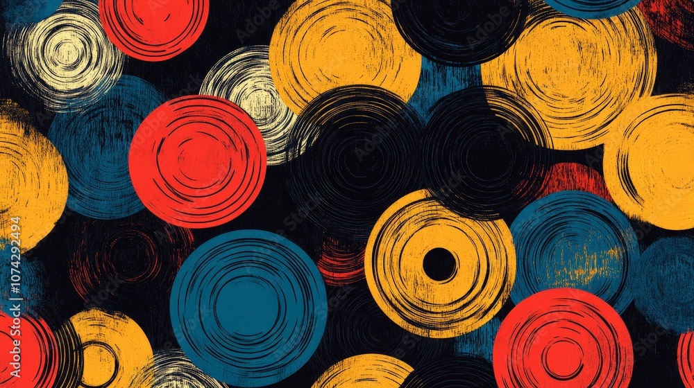 Poster Abstract colorful circular patterns on a dark background featuring various sizes of circles in vibrant hues of red, blue, yellow, and cream, creating an artistic and dynamic visual.
