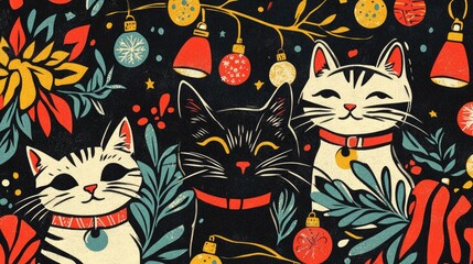 Playful Coloring Book Illustration of Adorable Christmas Cats Decorated with Lights and Cheerful Elements