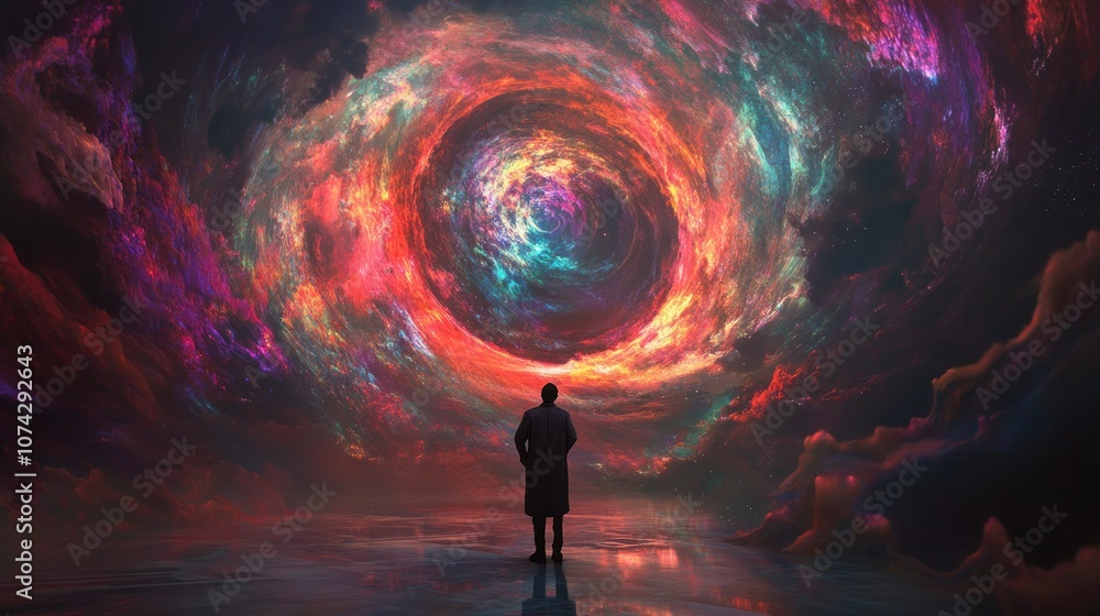 Poster a figure gazes into a swirling cosmic vortex filled with vibrant colors and celestial patterns.