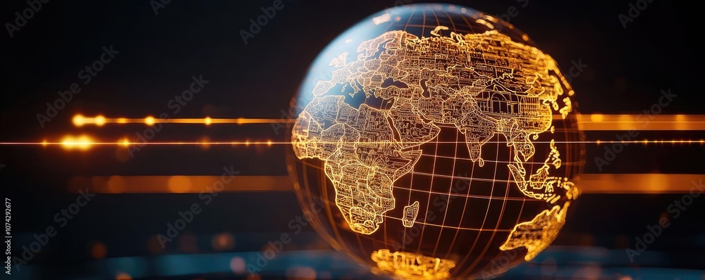 Poster glowing globe with intricate lines, representing global connectivity.