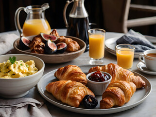 French Bistro Brunch Spread: A spread with freshly baked croissants, creamy scrambled eggs, smoked salmon slices, and a small jar of fig jam.