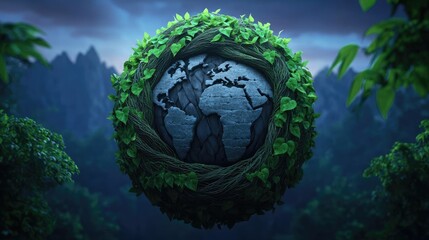 Fototapeta premium Earth globe surrounded by green foliage, atmospheric and nature-inspired setting.