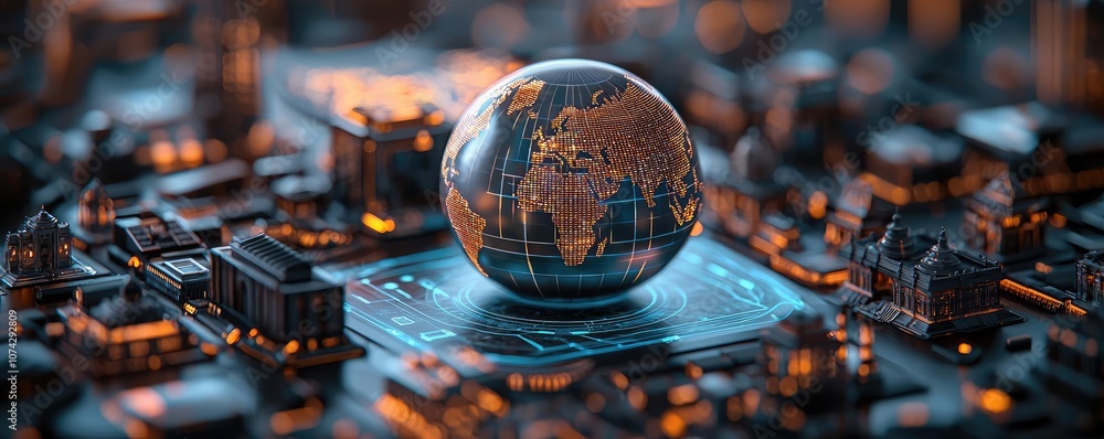 Poster digital globe representation in a high-tech urban environment.