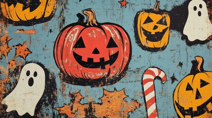 Retro illustration of assorted Halloween decorations and candies including pumpkins ghost shapes and candy canes on a playful background