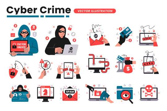 Cyber crime vector illustration set