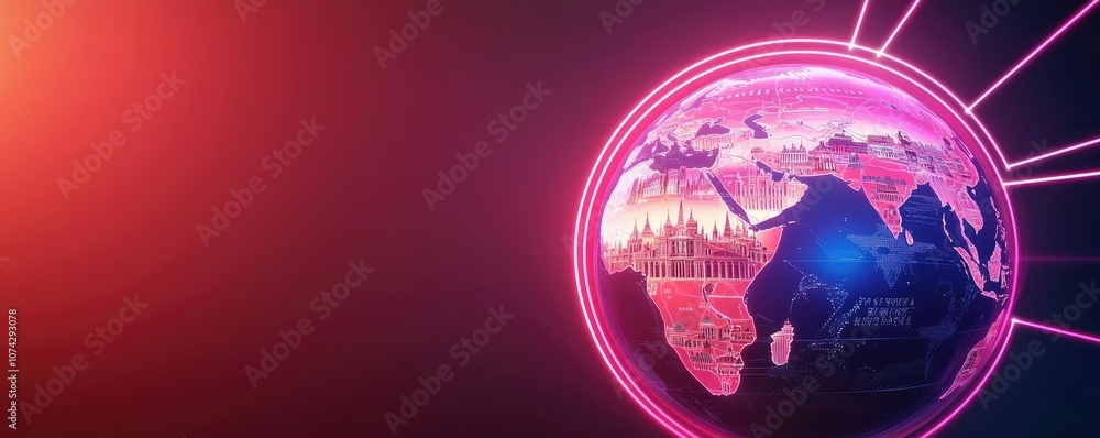 Poster digital globe with vibrant colors on a dark background, showcasing global connectivity.