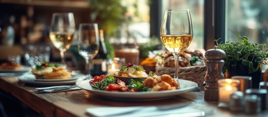 Naklejka premium A close-up shot of a delicious meal with wine glass on a rustic table in a restaurant.