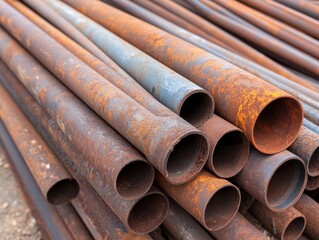 Rusty metal pipes stacked together, showcasing industrial decay.