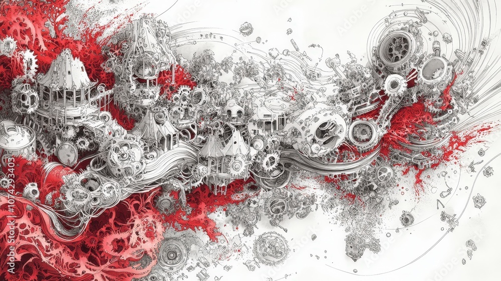 Poster abstract artwork featuring intricate mechanical structures, flowing red elements, and dynamic patter