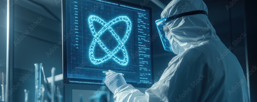Poster scientist analyzing data on a futuristic digital screen.