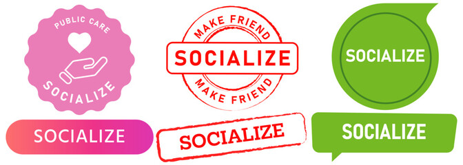 Socialize human person connection communication social socializing cooperation friends stamp colorful badge sticker emblem seal label design icon set collection