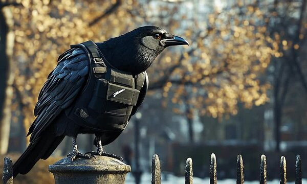 A raven wearing tactical gear stands on a stone post with autumn foliage in the background.