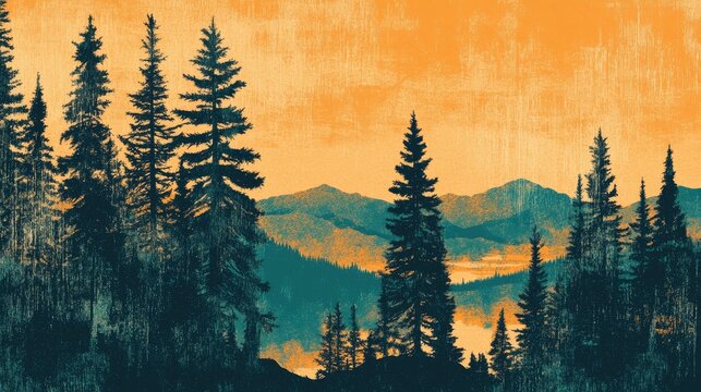 Retro illustration of a misty spruce forest on a mountain hillside at dawn Autumnal countryside landscape in a serene setting
