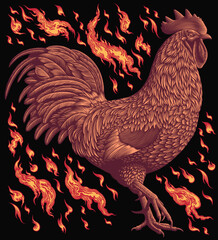 Rooster and the Flames of Fire. Design set. Editable hand drawn illustration. Vector vintage engraving. Isolated on black background. 8 EPS