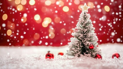 Obraz premium A small christmas tree with ornaments in the snow with a red background and boke of lights, suitable for holiday greeting cards, seasonal advertisements, or digital backgrounds