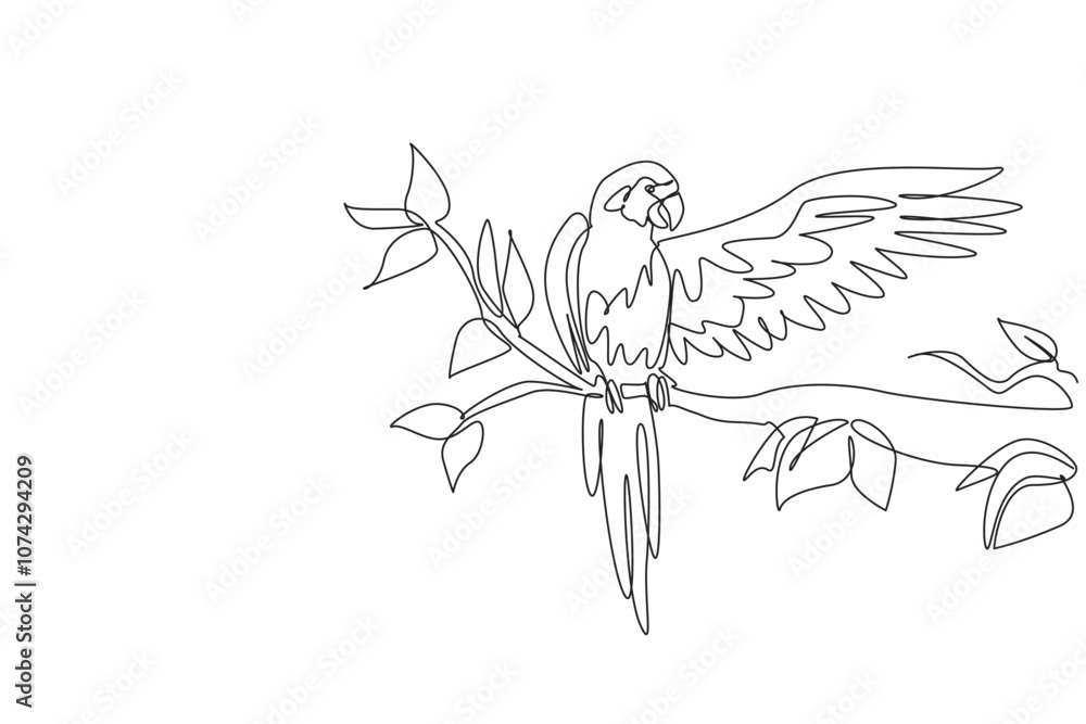 Poster national bird day. one continuous line drawing of cute parrot bird stretching one of its wings and p