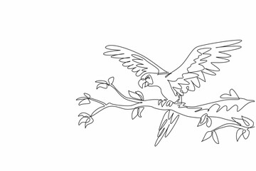 Single continuous line drawing of adorable parrot bird perched at tree branch in the local bird conservation. Macaw bird ready to fly from twigs. National Bird Day. Vector illustration artwork