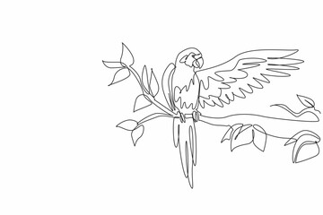 National Bird Day. One continuous line drawing of cute parrot bird stretching one of its wings and perched at tree branch in local zoo. Macaw bird showing off its beautiful feather. Vector art graphic