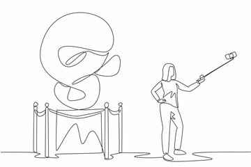 Single continuous line drawing of young beautiful woman museum visitor taking selfie with unique form, antique and historical sculpture by smartphone camera embedded to stick. Museum Selfie Day