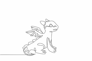 Continuous single line drawing of cute baby dragon standing on the ground. Adorable fairytale cartoon character. Illustration for kids story book. Appreciate a Dragon Day. Vector art graphic design