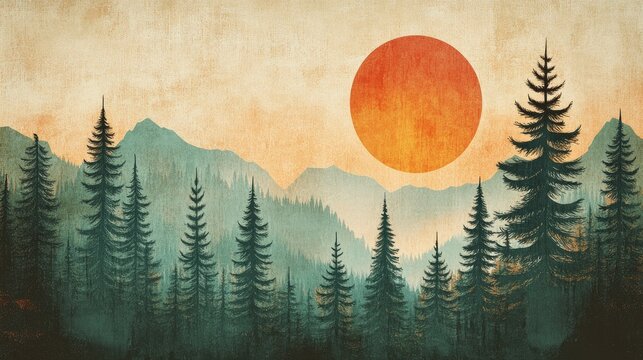 Retro illustration of a misty spruce forest on a mountain hillside at dawn Autumnal countryside landscape in a serene setting