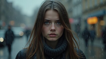 woman walking in the rain with tears in her beautiful eyes. Her face expression shows that she is going through a lot of emotional pain