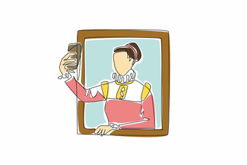Museum Selfie Day. One single line drawing of young beauty medieval woman inside a painting frame puts out her hand and takes a selfie. Royal princess. Annual international celebration event
