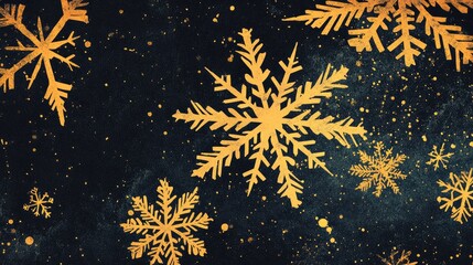 Retro illustration of golden snowflakes cascading against a dark backdrop