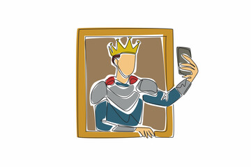 One continuous line drawing of young handsome medieval man inside a antique painting frame puts out his hand and takes a selfie. Prince wearing the gold crown of kingdom symbol. Museum Selfie Day