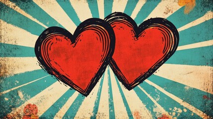 Retro illustration of two red paper hearts on a vibrant background Love and affection theme