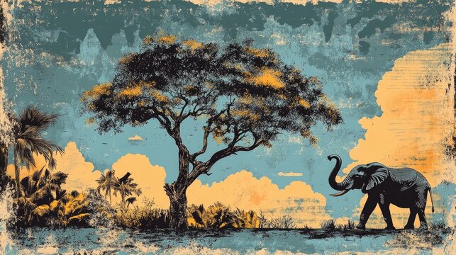 Retro illustration of a bending tree with an elephant in a beautiful garden