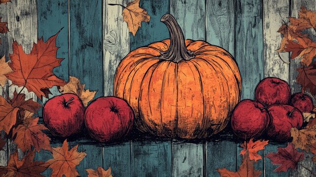 Retro coloring page featuring a pumpkin and apples surrounded by autumn leaves on a wooden background inspired by fall festivities