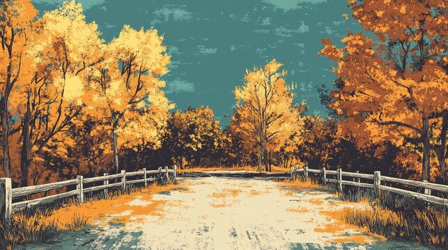 Retro illustration of golden autumn in a tranquil park setting