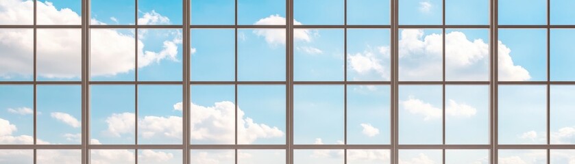 Spacious window view revealing bright blue sky and clouds.