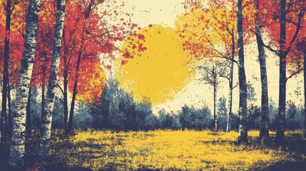 Autumn landscape illustration featuring beautifully colored trees in a forest glowing under sunlight A picturesque backdrop for coloring and nature appreciation