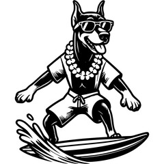 Brutal doberman dog surfs in open ocean on a surfboard in monochrome. Simple minimalistic vector in black ink drawing on transparent background