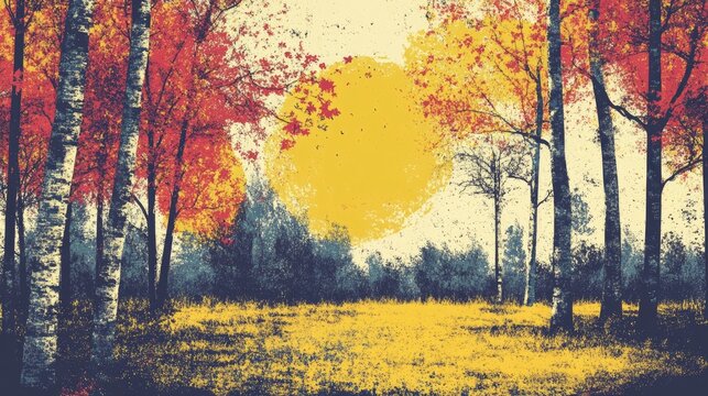 Autumn landscape illustration featuring beautifully colored trees in a forest glowing under sunlight A picturesque backdrop for coloring and nature appreciation