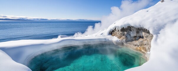 Stunning geothermal hot spring surrounded by snow and steam.