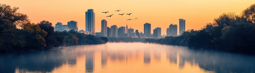 Naklejka premium Stunning skyline reflection at sunset with serene water view.