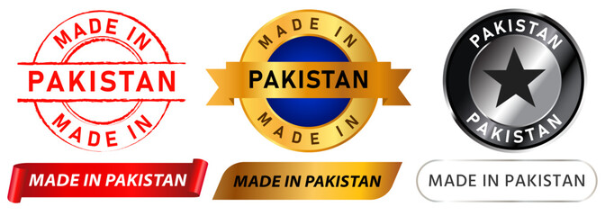 Made in Pakistan product manufactured produce commercial sell South Asia part country stamp colorful badge emblem medal sticker seal design icon set collection