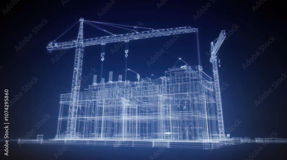 Aufkleber a 3d wireframe model of a construction site with cranes and building structure.