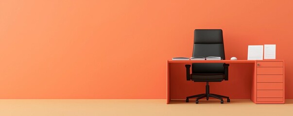 A modern workspace featuring a sleek black chair, stylish desk, and orange wall. Ideal for promoting productivity and contemporary office design.