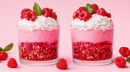 Delicious Raspberry and Berry Smoothies with Whipped Cream and Fresh Fruit Toppings